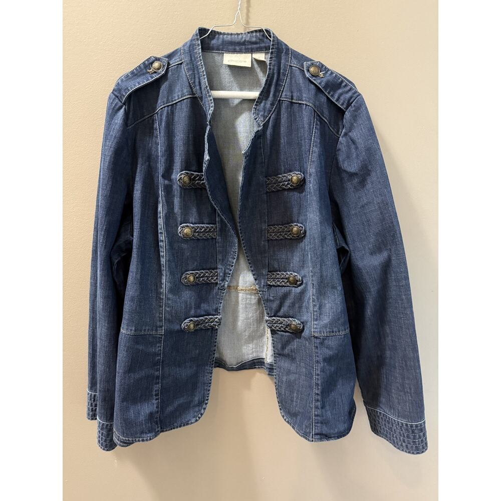 Chico's Women Size 3 (XL) Military Style Denim Jacket With Brass Button & Braid